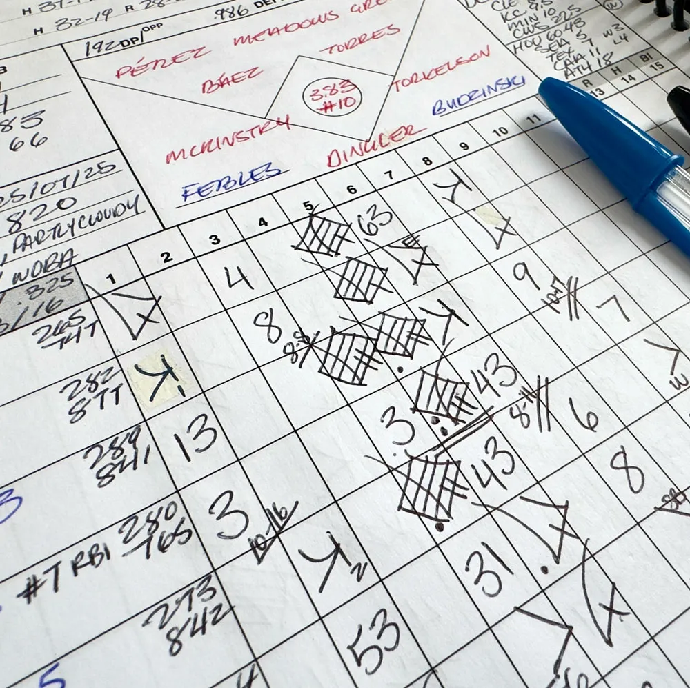 Close-up of a filled-in scorecard showing play notation and pitch tracking